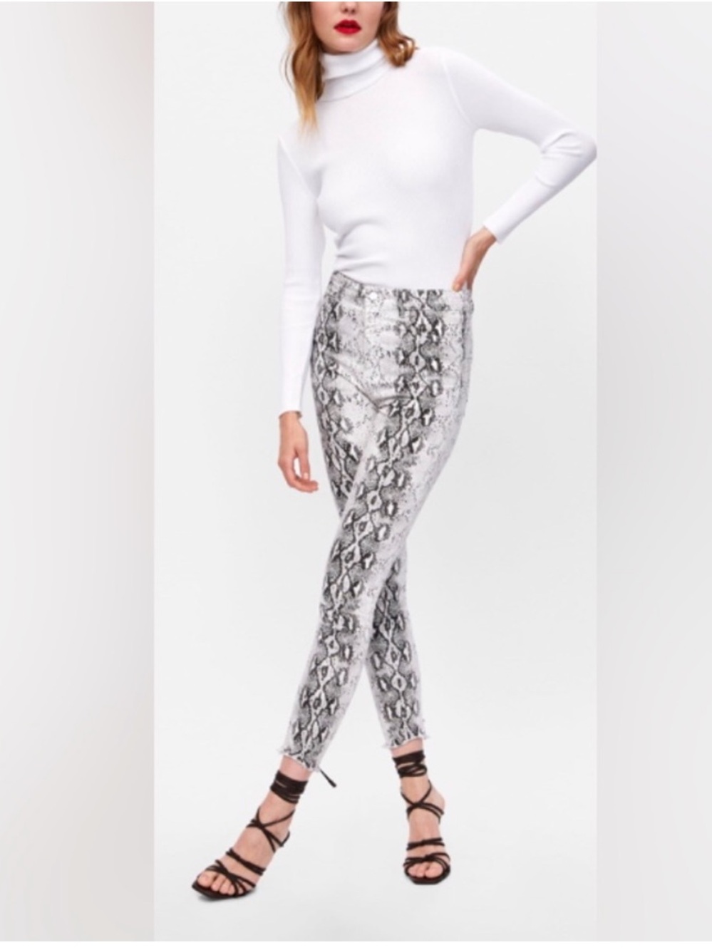 Zara Woman Premium Denim Collection Black & White Snake-Print Skinny Jeans NEW